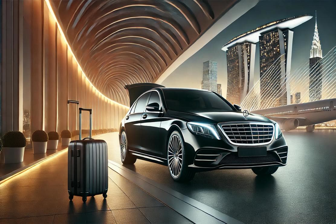 Black Mercedes sedan in front of a terminal, with a suitcase beside it